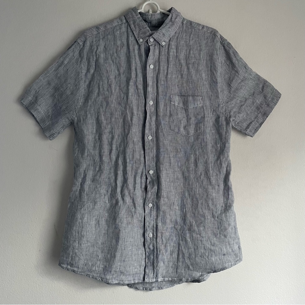 Onia linen striped button down light gray shirt